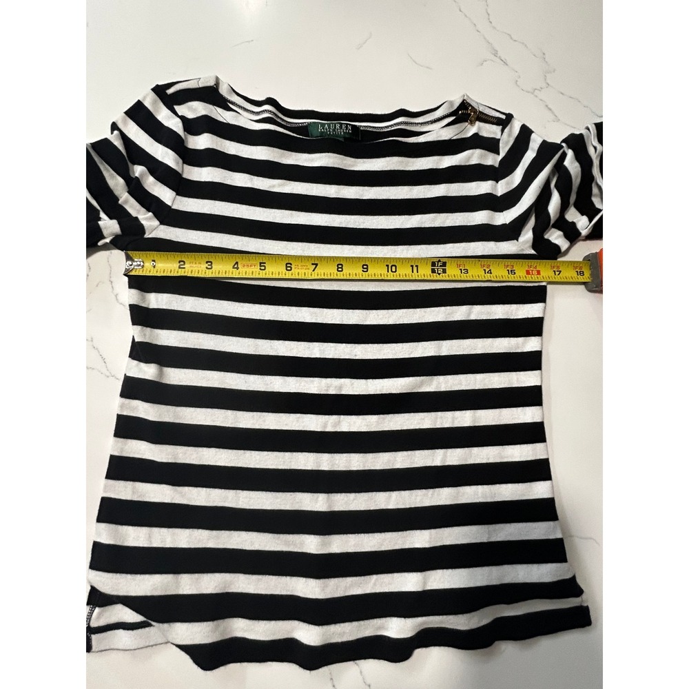 Lauren Ralph Lauren Petite Black White‎ Striped Boat Neck Zip Top PM Cotton - Picture 7 of 8
